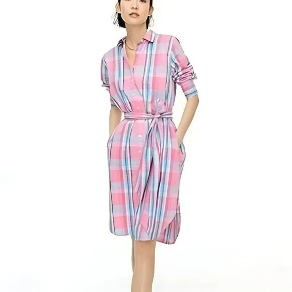 NWT Crew Classic Pink Blue Purple Plaid Check Poplin Cotton Shift Shirt Dress 8